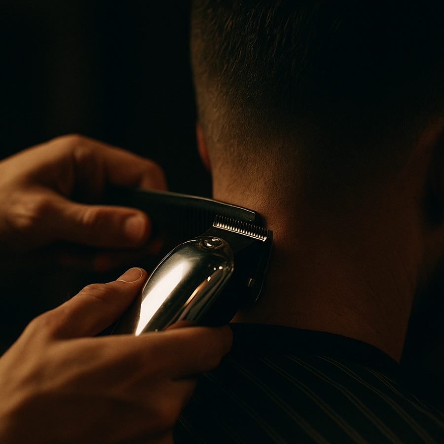 Barber lining up a fresh fade